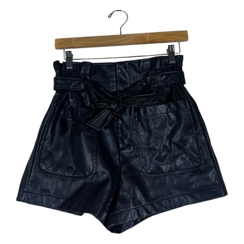 Story On Paperbag Solid Faux Leather Shorts Black Edgy High Waisted Tie Size S